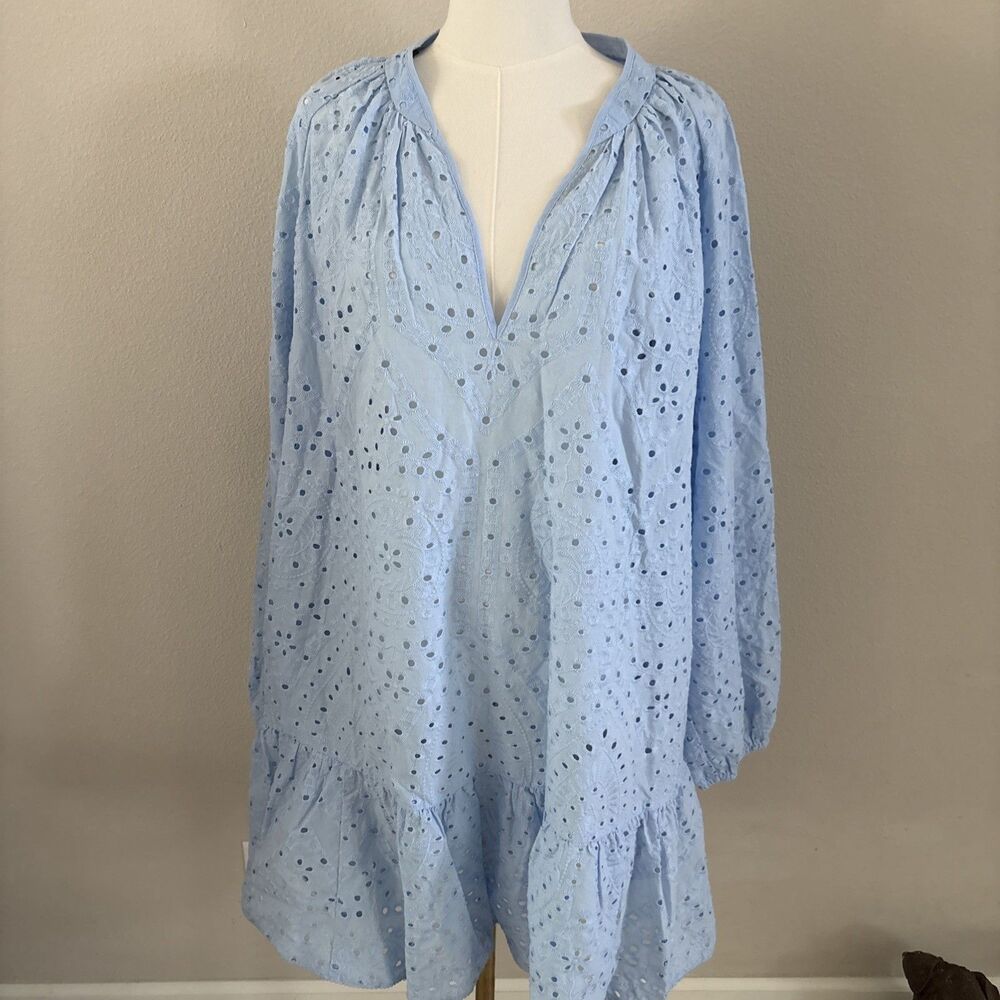 H&M XL Blue Eyelet Embroidered Cotton Mini Dress Long Sleeve Babydoll